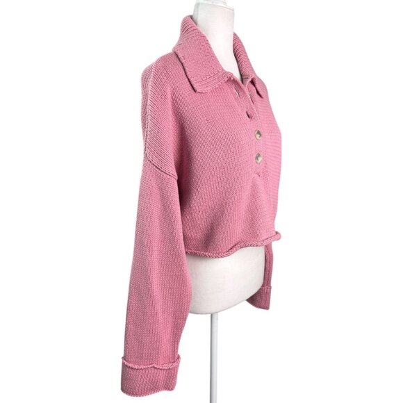 Show Me Your Mumu Crawford Collared Cropped Sweater Pink Knit Size S Cotton - Picture 4 of 10